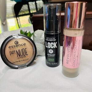 Makeup Bundle ~ Revolution Foundation, Essence Highlighter, Revlon Setting Mist